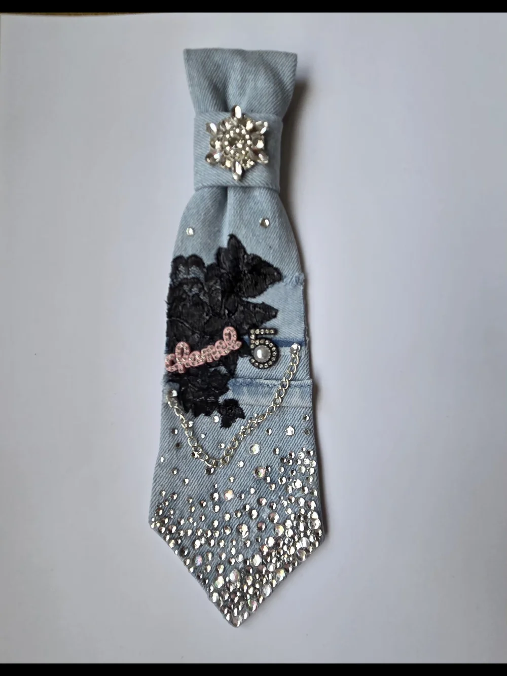 Embellished Light Denim Tie with Rhinestones & Lace
